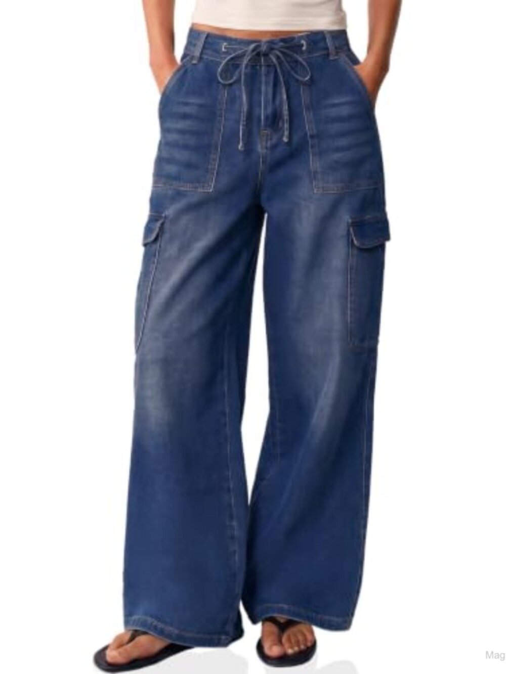High Waisted Wide Leg Cargo Jeans Drawstring Stretch Utility Pants